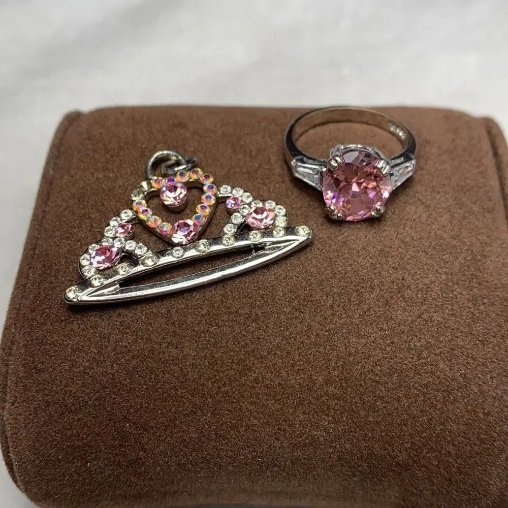 Pretty Princess Crown Necklace Charm and Pink & Silver Ring Combo